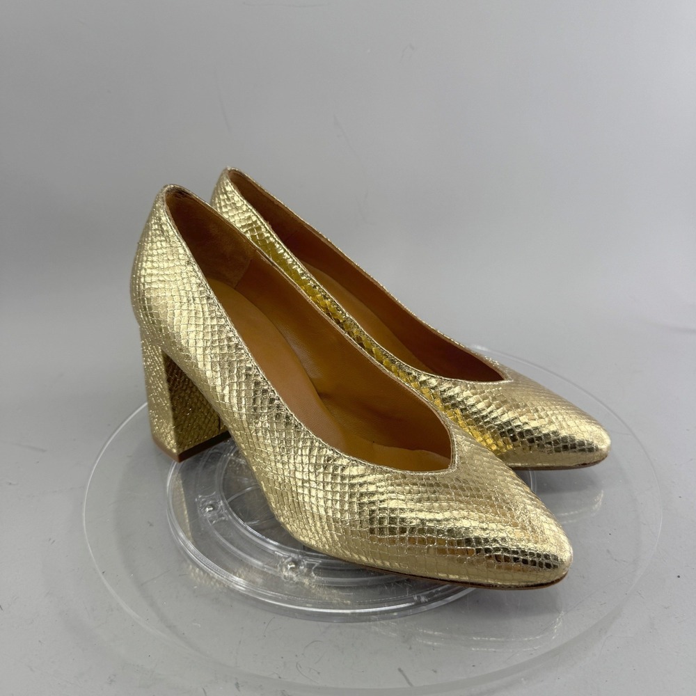 Sezane Alice Gold Snakeskin Embossed Leather Block Heel Pumps Womens 39 US 8